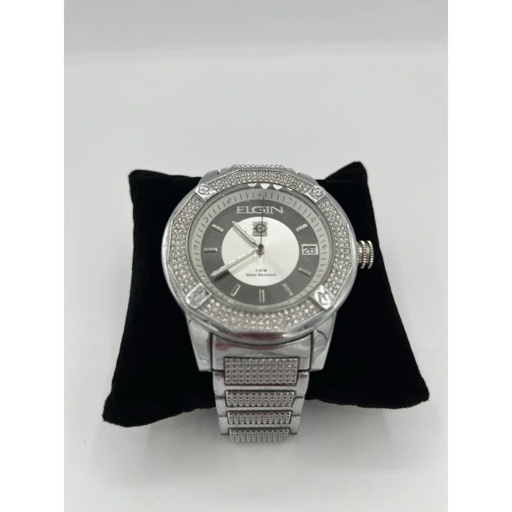 Elgin mens luxury Silver tone Watch With Crystals FG160032